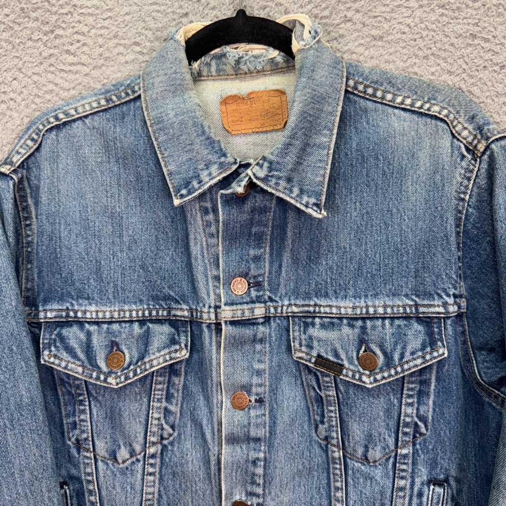 VTG Roebucks Denim Trucker Jacket Mens 44 Blue USA Distressed 70s Workwear